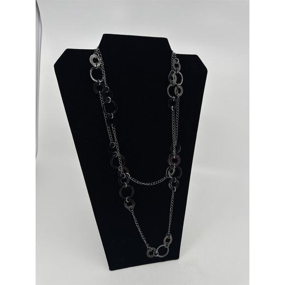 Jewels by Park Lane Dark Gray Circles Circular Discs Extra Long Metal Necklace - Picture 2 of 5